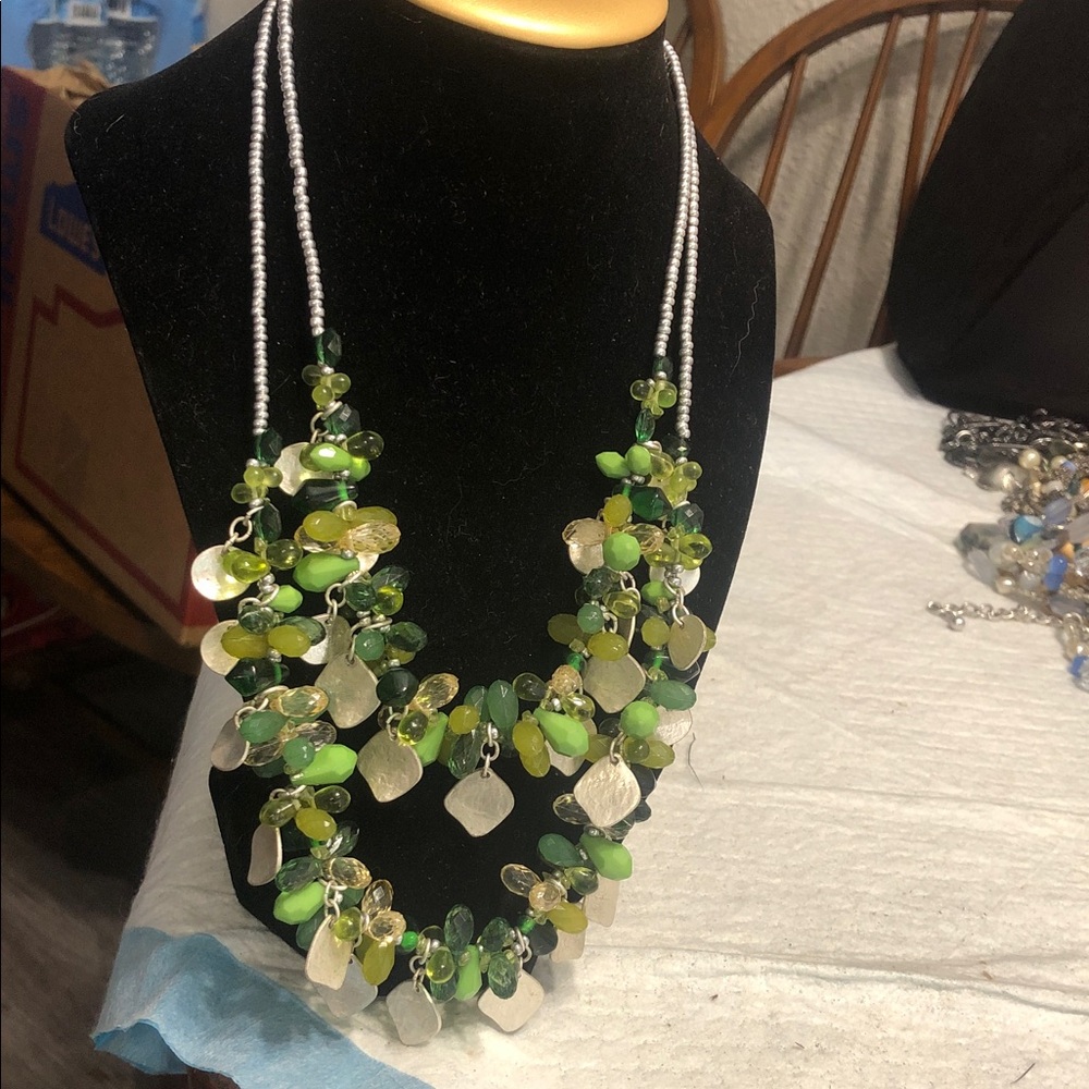 Chico's Multi-Strand Green and Gold Cluster Necklace
